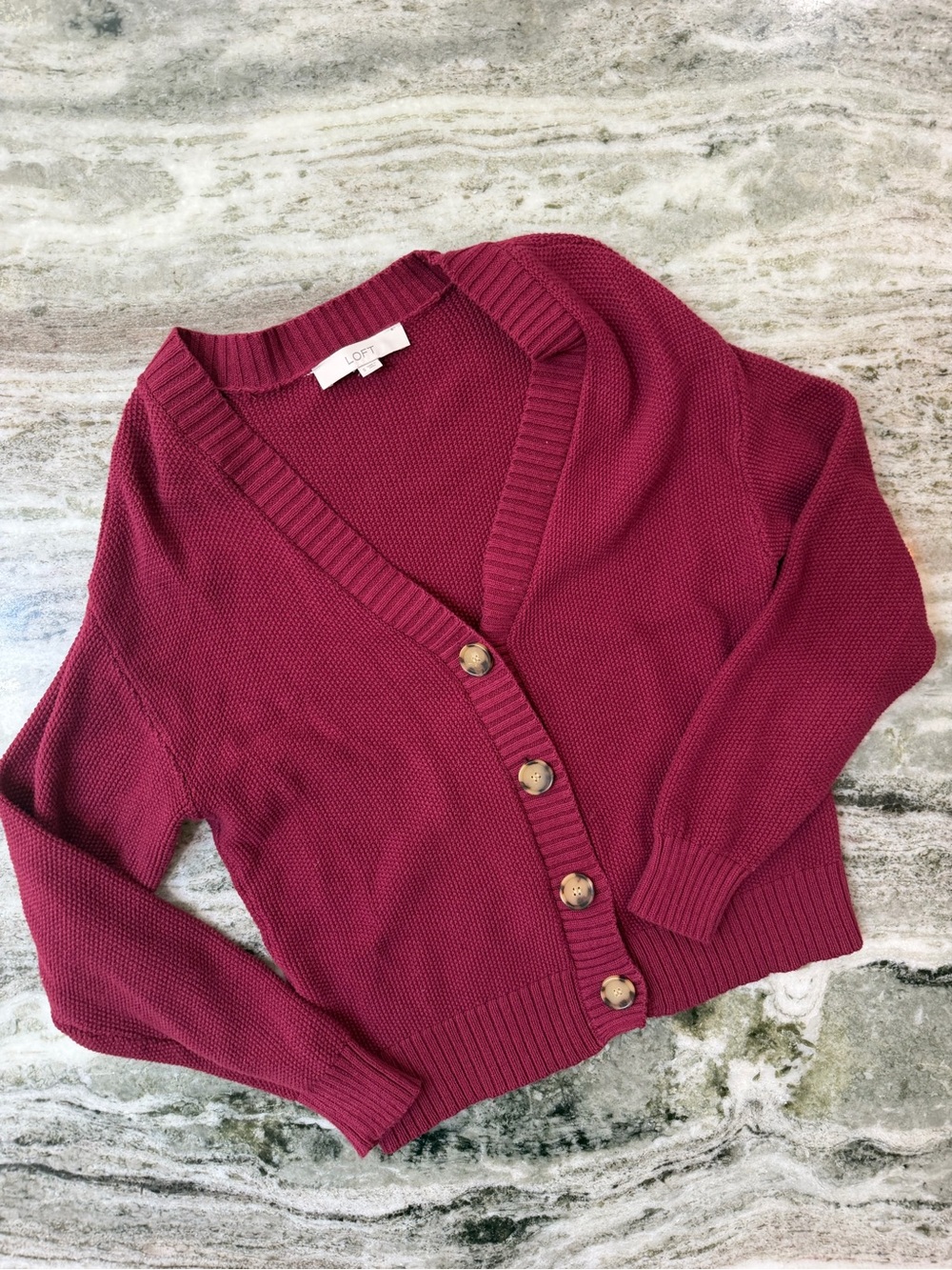 LOFT Maroon Button-Front V-Neck Cardigan